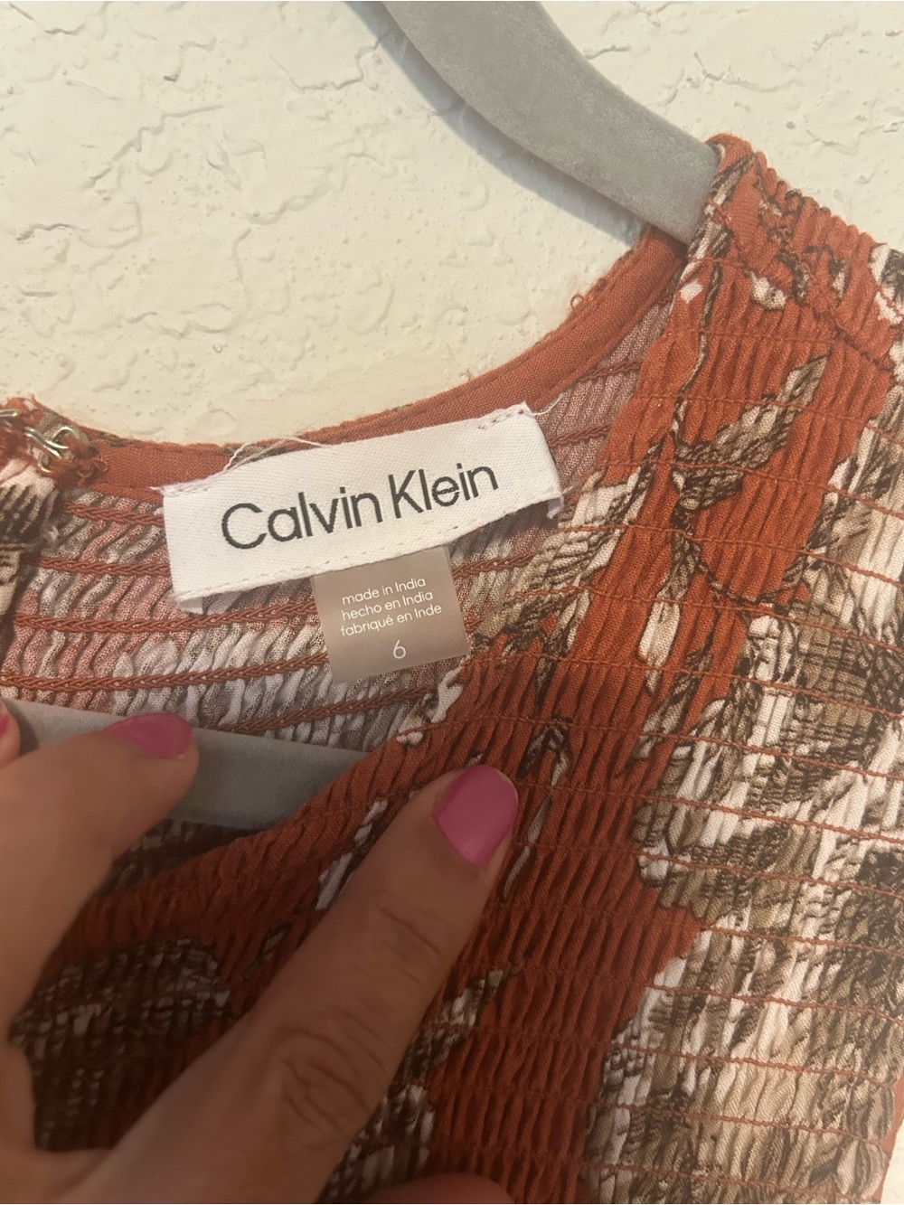 Calvin Klein Sleeveless Rust Floral Wide Leg Cropped Jumpsuit, Smocked Bodice - Picture 5 of 11
